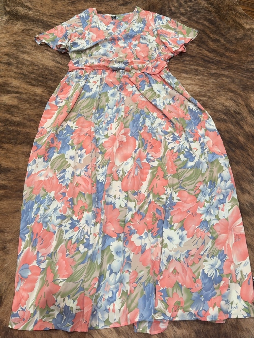 SHEIN Coral Pink, Sky Blue & Green Floral Maxi Dress